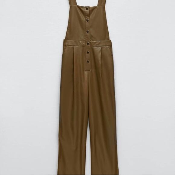 ZARA BLOGGER FAVORITE FAUX LEATHER LONG JUMPSUIT KHAKI - Picture 9 of 12